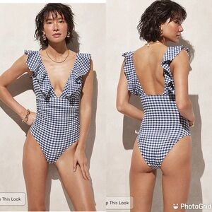 J. Crew Ruched Ruffle One-Piece Swimsuit Gingham Medium Coverage V-Neck Sz 8